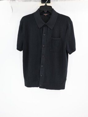 Quince Sweater Polo Mens Medium Organic Cotton Mesh Stitch Button Up Black SS